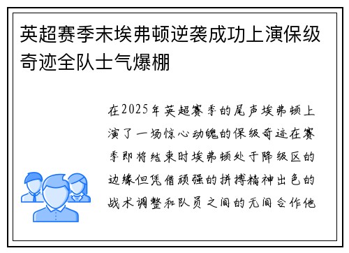 英超赛季末埃弗顿逆袭成功上演保级奇迹全队士气爆棚