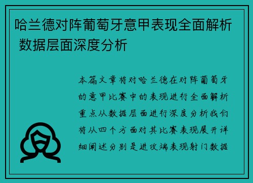 哈兰德对阵葡萄牙意甲表现全面解析 数据层面深度分析